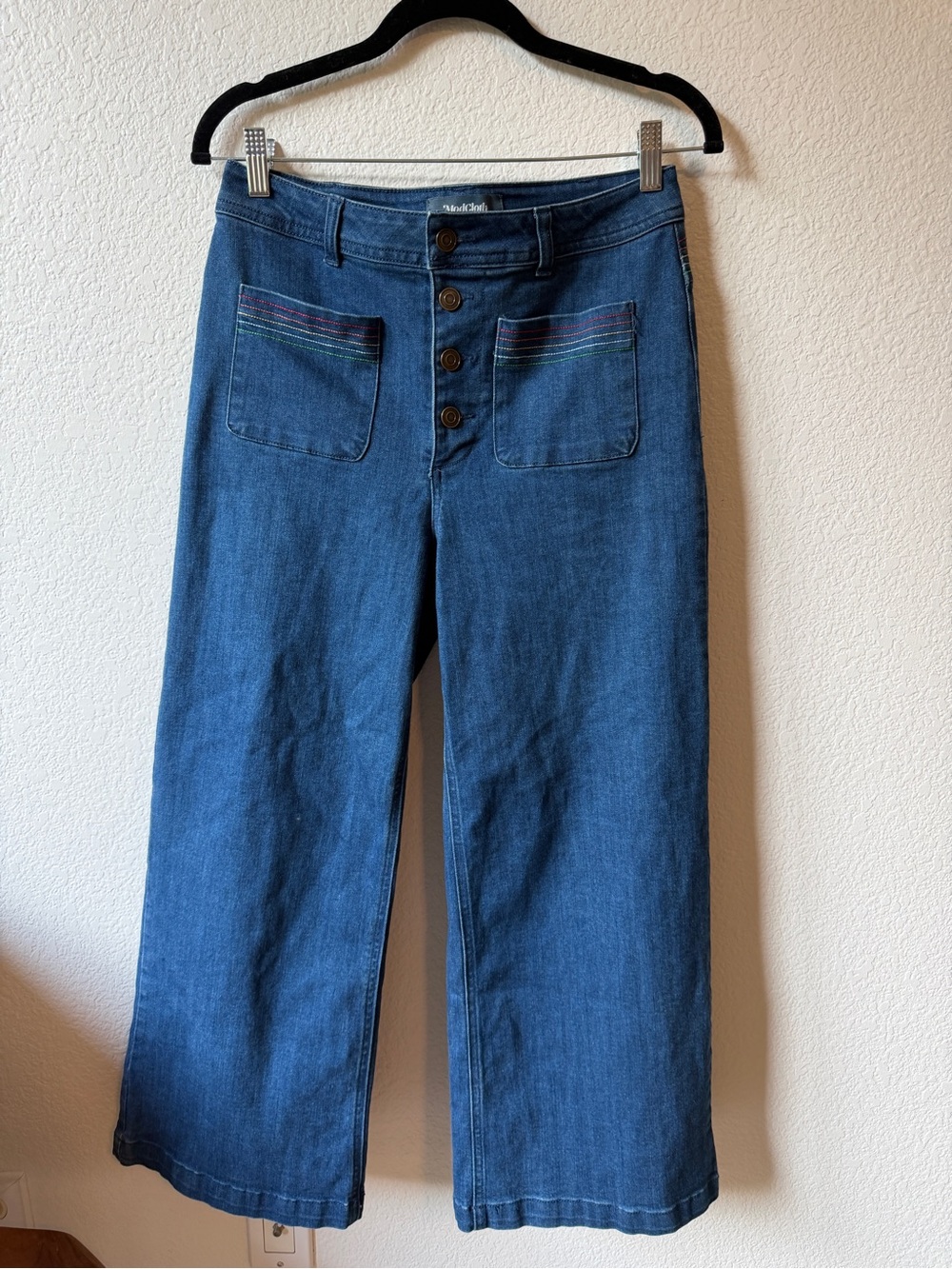 Modcloth Blue Wide-Leg Jeans with Rainbow Stitching